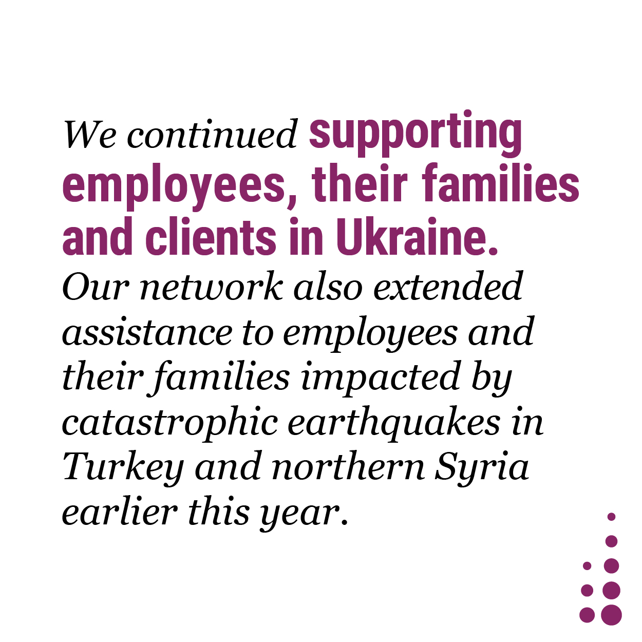 We continued supporting employees, their families and clients in Ukraine. Our network also extended assistance to employees and their families impacted by catastrophic earthquakes in Turkey and northern Syria earlier this year.