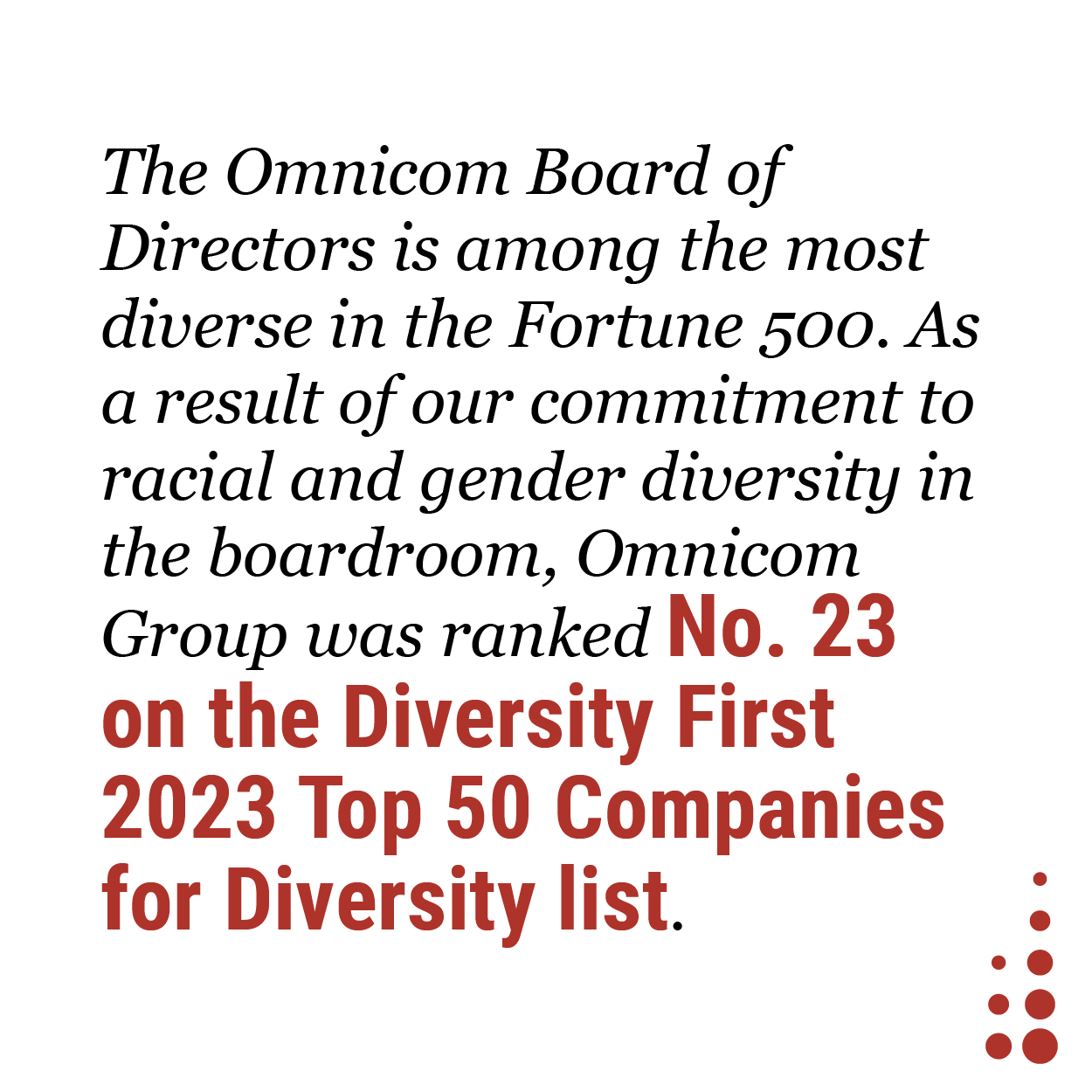 The Omnicom Board of Directors is among the most diverse in the Fortune 500. As a result of our commitment to racial and gender diversity in the boardroom, Omnicom Group was ranked No. 23 on the Diversity First 2023 Top 50 Companies for Diversity list.