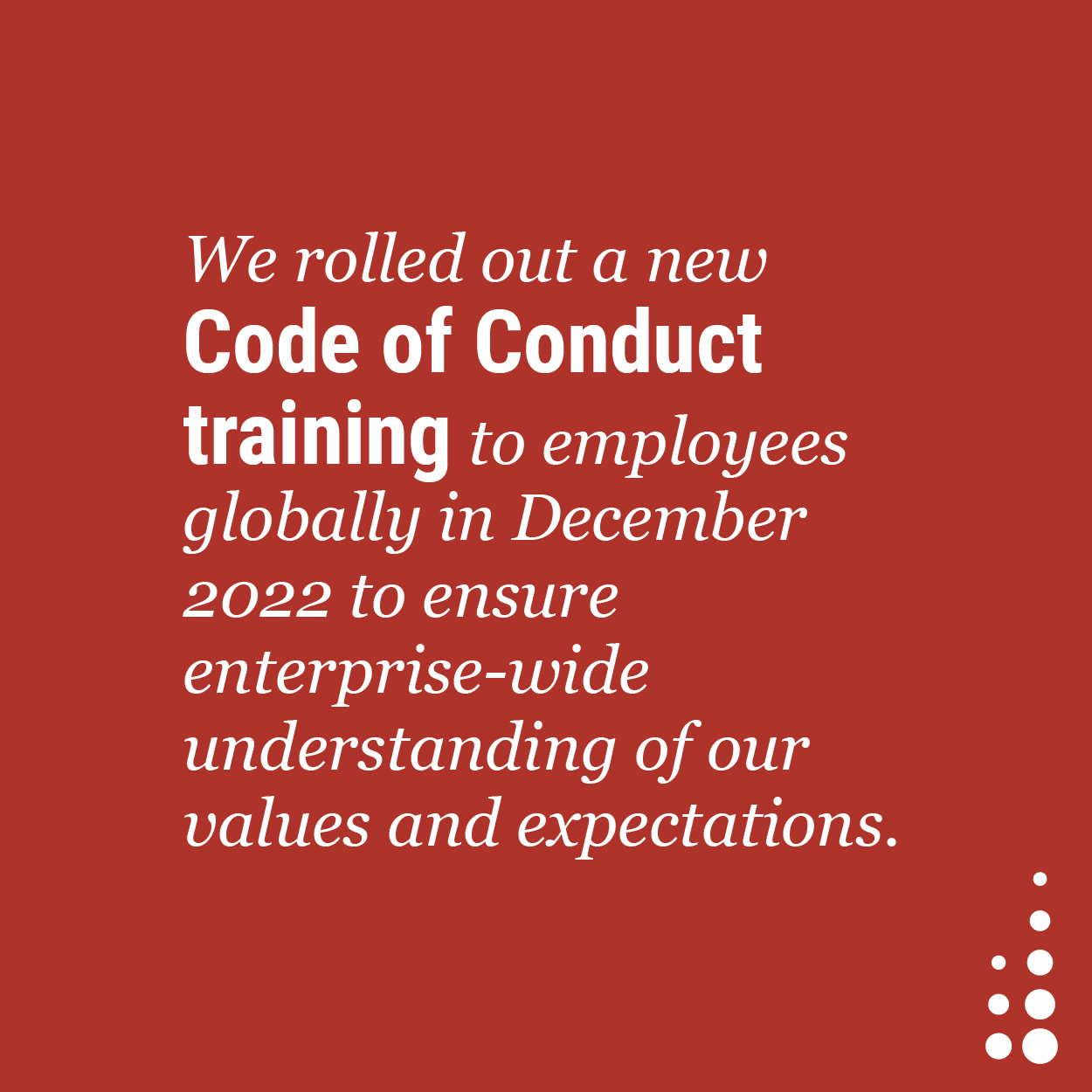 We rolled out a new Code of Conduct training to employees globally in December 2022 to ensure enterprise-wide understanding of our values and expectations.