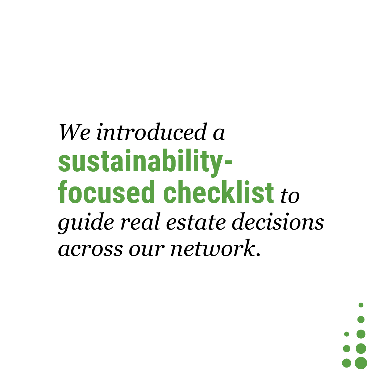 We introduced a sustainability-focused checklist to guide real estate decisions across our network.