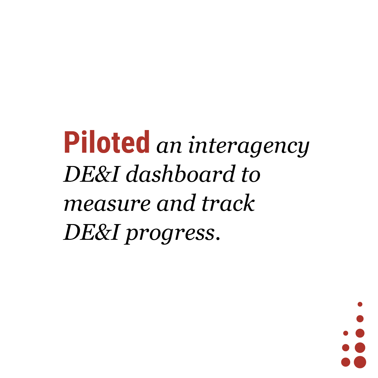 Piloted an interagency DE&I dashboard to measure and track DE&I progress.