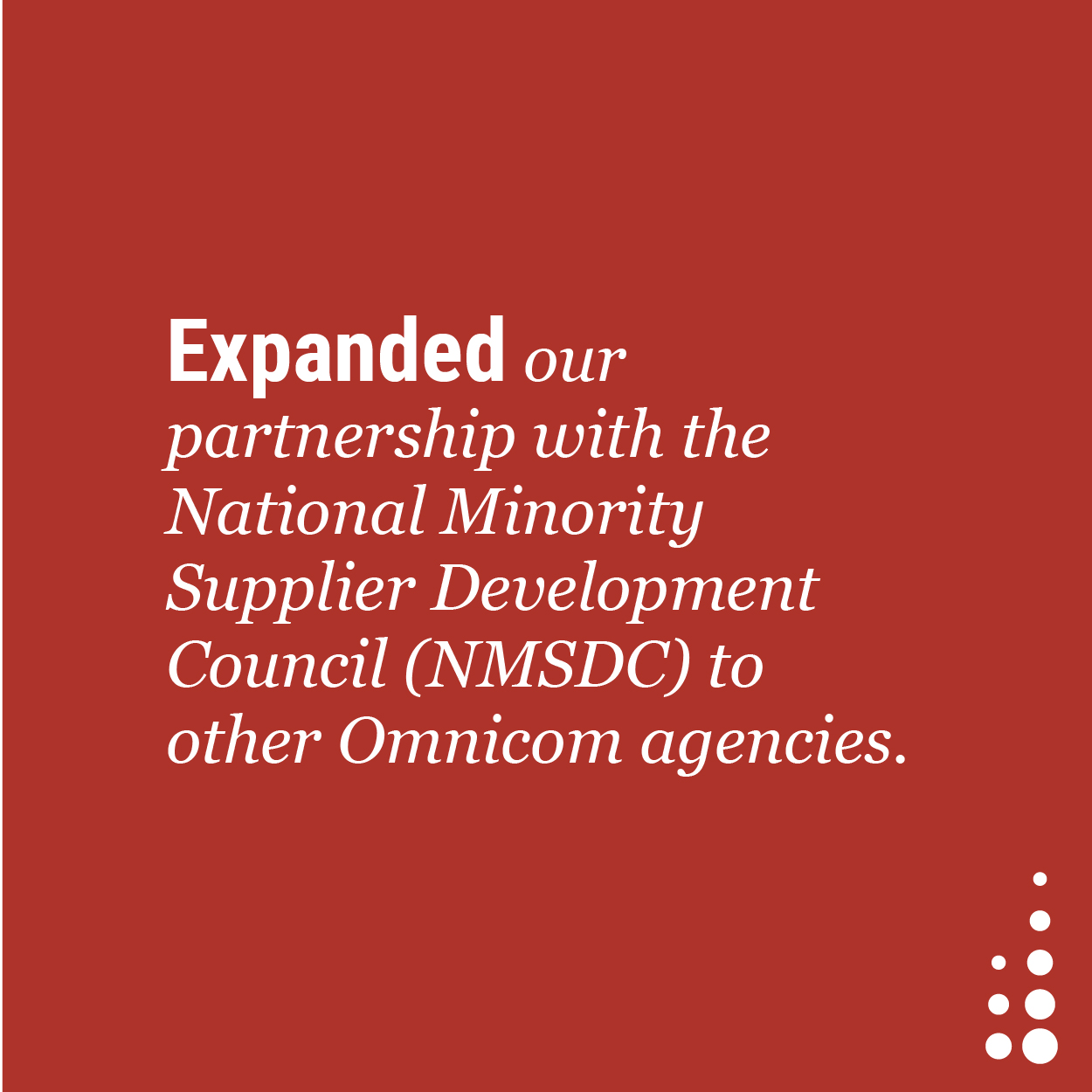 Expanded our partnership with the National Minority Supplier Development Council (NMSDC) to other Omnicom agencies.